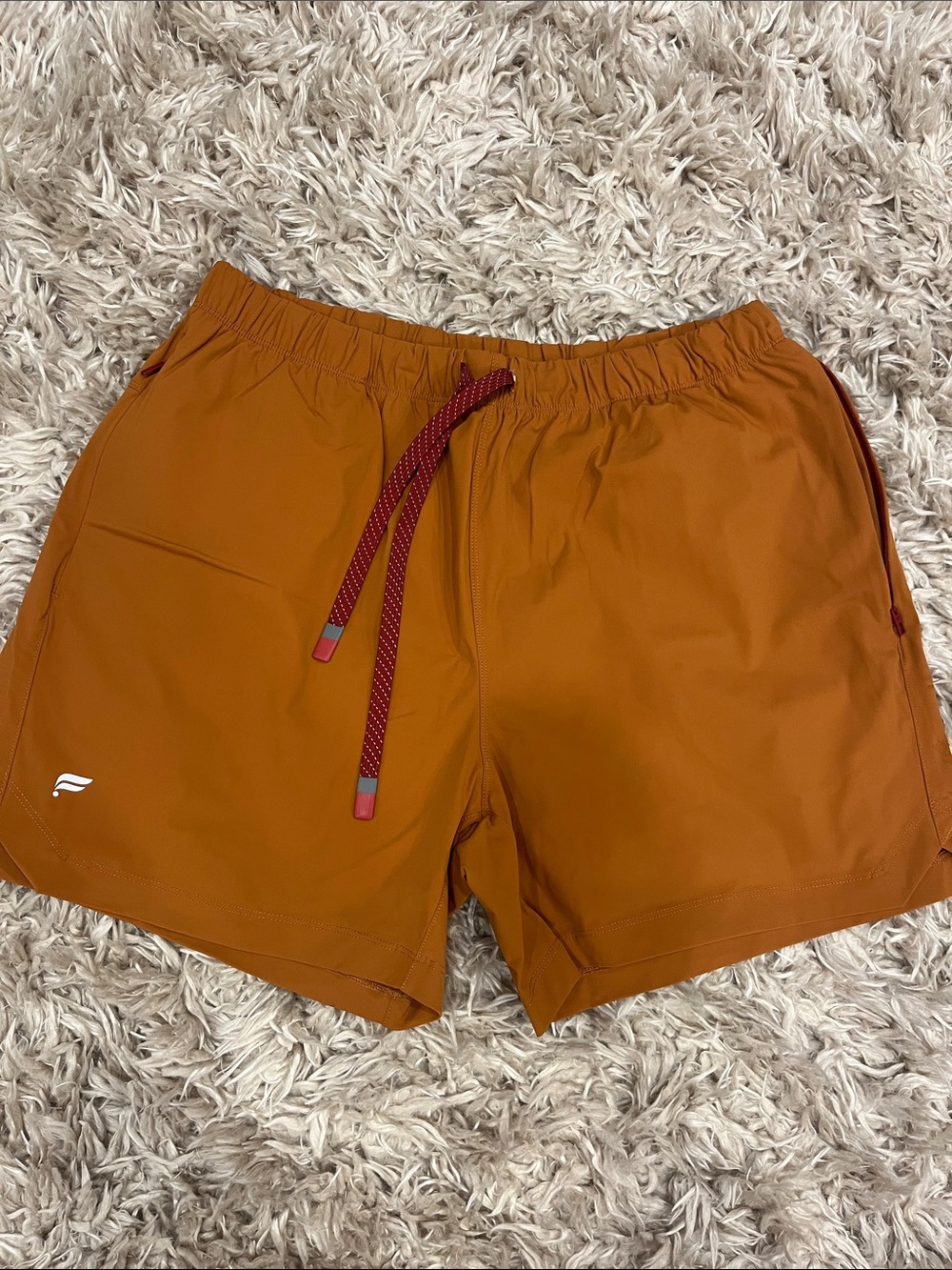 Fabletics Men's Rust Orange Athletic Shorts with Maroon Drawstring